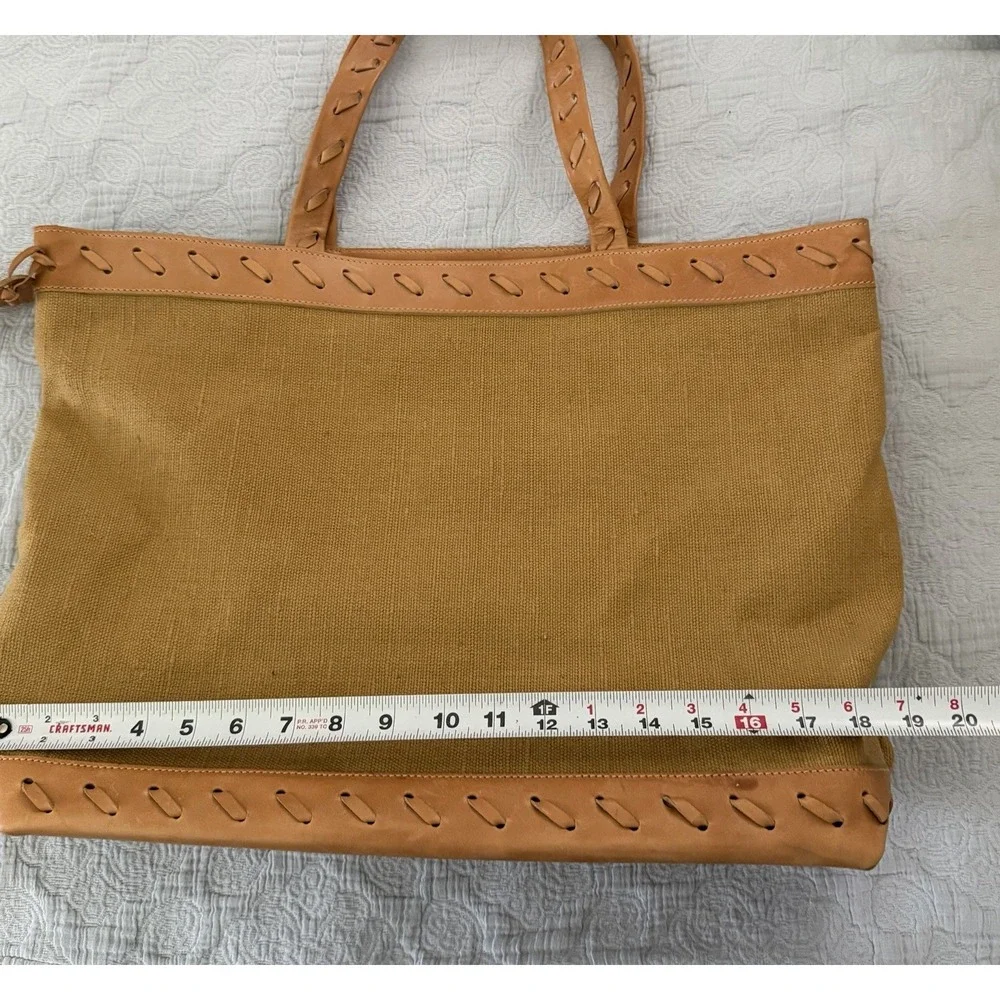 Anne Klein Tote Bag Leather Woven Green Canvas Large Summer Vintage 90s Y2K